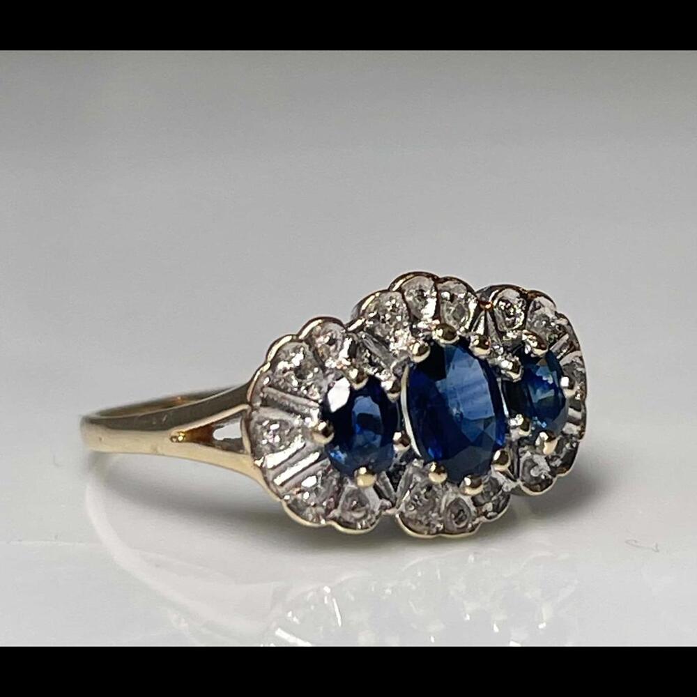 Sapphire Ring 14K Vintage Engagement Ring Diamond Three Stone Blue Sapphire